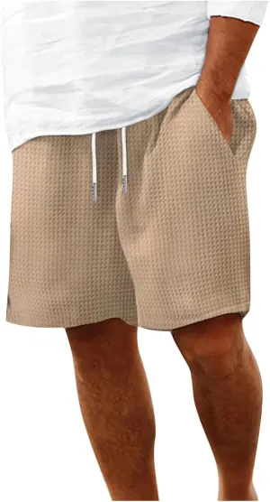 Mens Casual Shorts Waffle Elastic Waist Drawstring Workout Running Jogging Shorts Solid Beach Summerwear