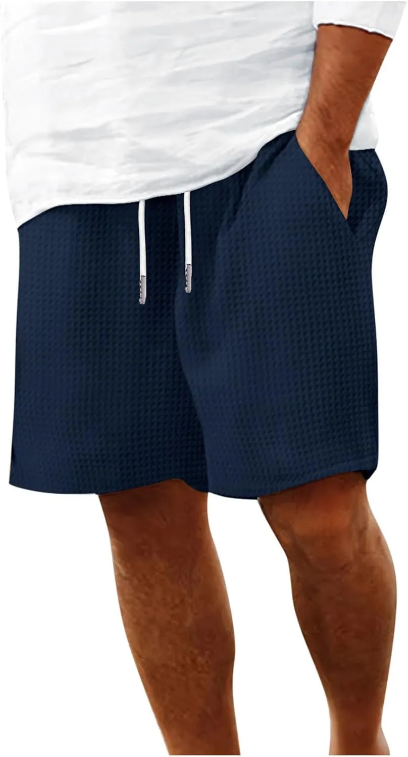 Mens Casual Shorts Waffle Elastic Waist Drawstring Workout Running Jogging Shorts Solid Beach Summerwear
