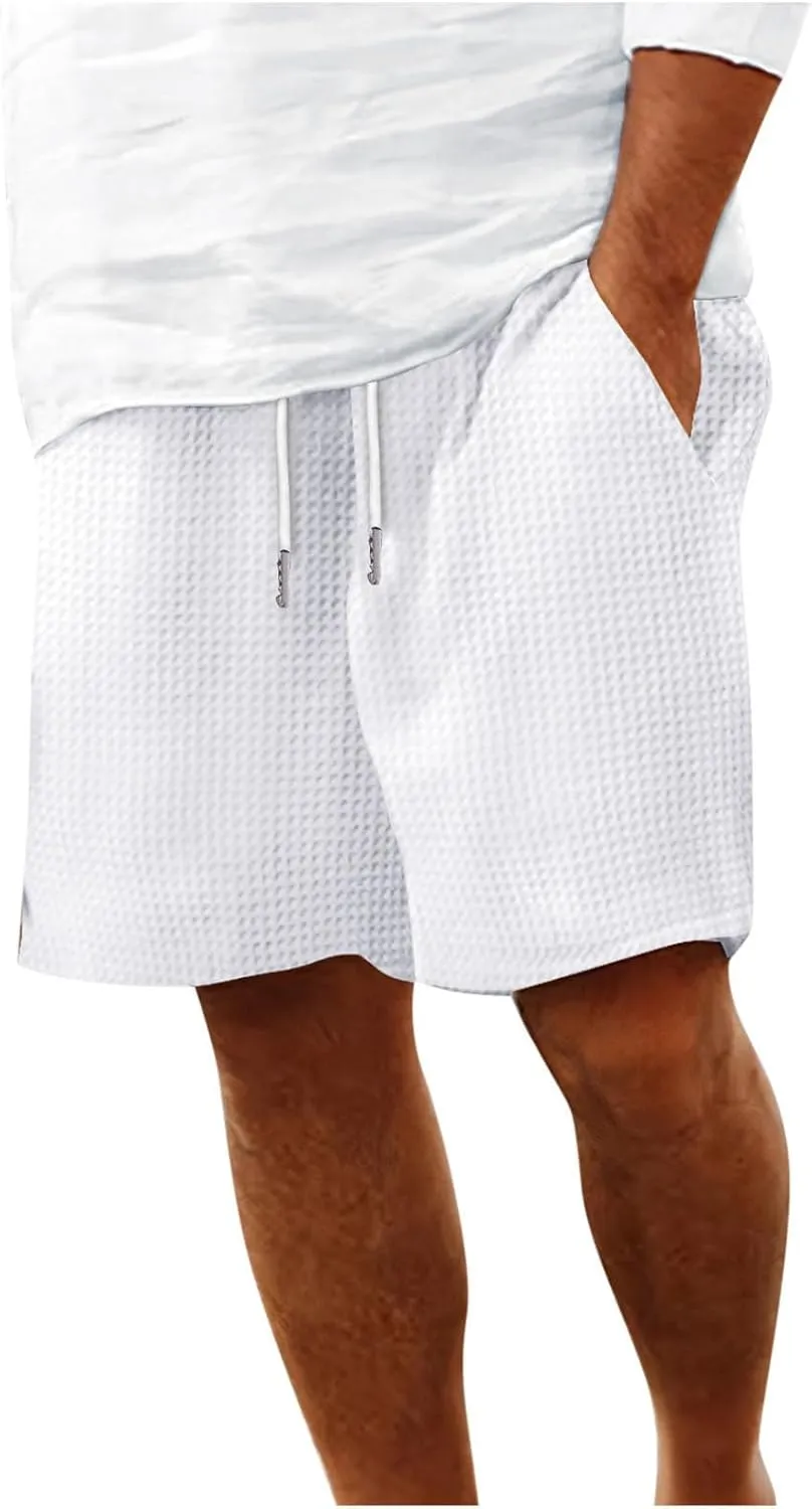 Mens Casual Shorts Waffle Elastic Waist Drawstring Workout Running Jogging Shorts Solid Beach Summerwear