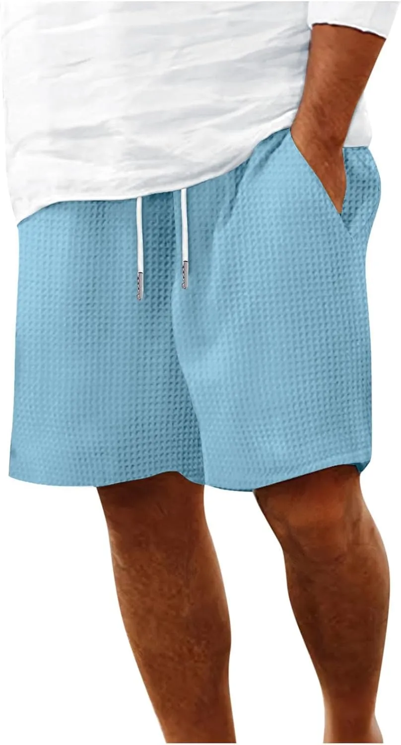 Mens Casual Shorts Waffle Elastic Waist Drawstring Workout Running Jogging Shorts Solid Beach Summerwear