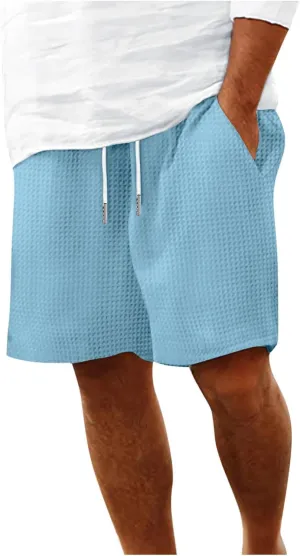 Mens Casual Shorts Waffle Elastic Waist Drawstring Workout Running Jogging Shorts Solid Beach Summerwear
