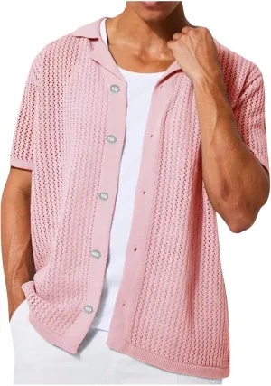 Mens Crochet Shirt Hallow Out Tshirts Summer Beach Tops Button Down Cardigans Muscle T Shirts See Through Tees Blouse