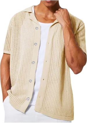 Mens Crochet Shirt Hallow Out Tshirts Summer Beach Tops Button Down Cardigans Muscle T Shirts See Through Tees Blouse
