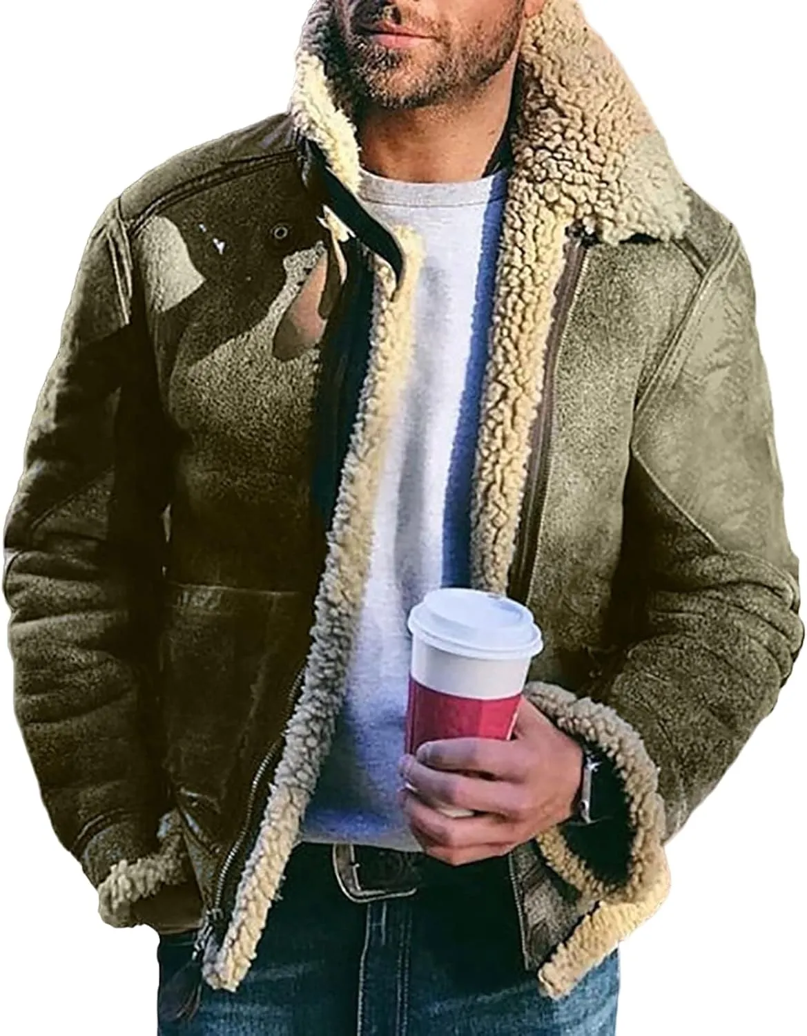 Men's Faux Leather Jacket Warm Sherpa Lined Lapel Zip-Up Motorcycle Bomber Jacket Winter Warm Thick Coat with Pocket