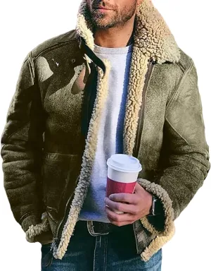 Men's Faux Leather Jacket Warm Sherpa Lined Lapel Zip-Up Motorcycle Bomber Jacket Winter Warm Thick Coat with Pocket