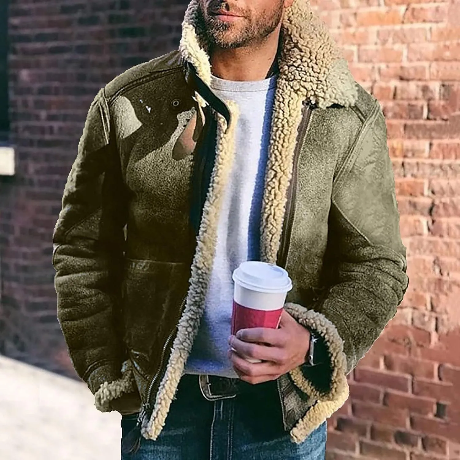 Men's Faux Leather Jacket Warm Sherpa Lined Lapel Zip-Up Motorcycle Bomber Jacket Winter Warm Thick Coat with Pocket