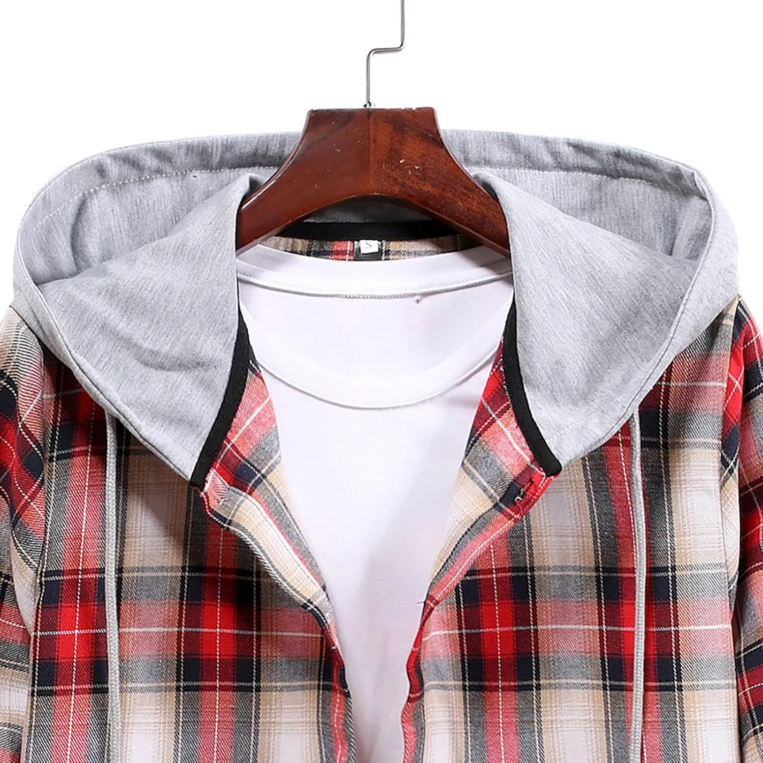 Men's Hooded Shirts Jackets Flannel Collar Long Sleeve Shirt Blouse Quilted Lined Flannel Shirt Jacket for Men Fall
