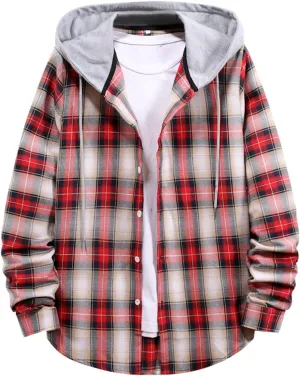 Men's Hooded Shirts Jackets Flannel Collar Long Sleeve Shirt Blouse Quilted Lined Flannel Shirt Jacket for Men Fall