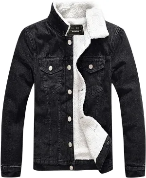 Men's Lapel Sherpa Fleece Lined Thicken Denim Jacket Casual Stylish Warm Button Up Trucker Jean Jackets Coats, L-6XL