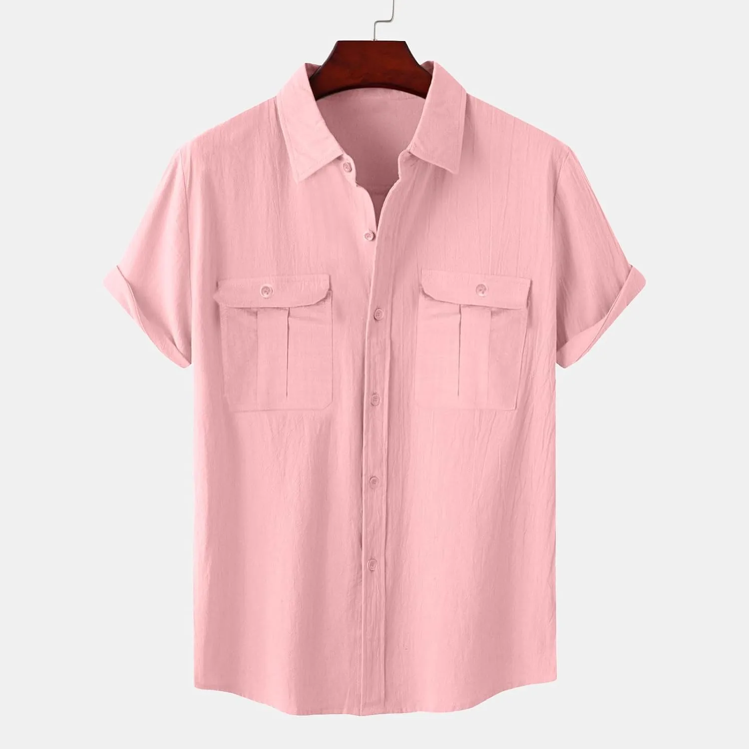 Mens Linen Button Down Shirt Short Sleeve Casual Stylish Beach Shirts Loose Solid Basic Collared Shirt with Pockets