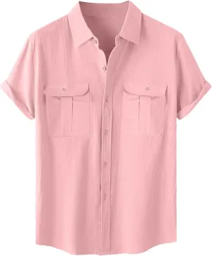Mens Linen Button Down Shirt Short Sleeve Casual Stylish Beach Shirts Loose Solid Basic Collared Shirt with Pockets