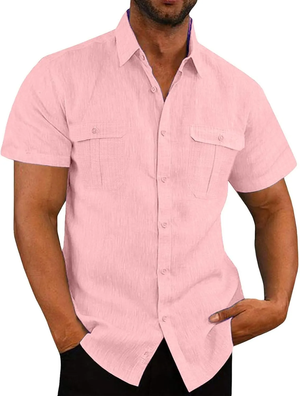 Mens Linen Button Down Shirt Short Sleeve Casual Stylish Beach Shirts Loose Solid Basic Collared Shirt with Pockets