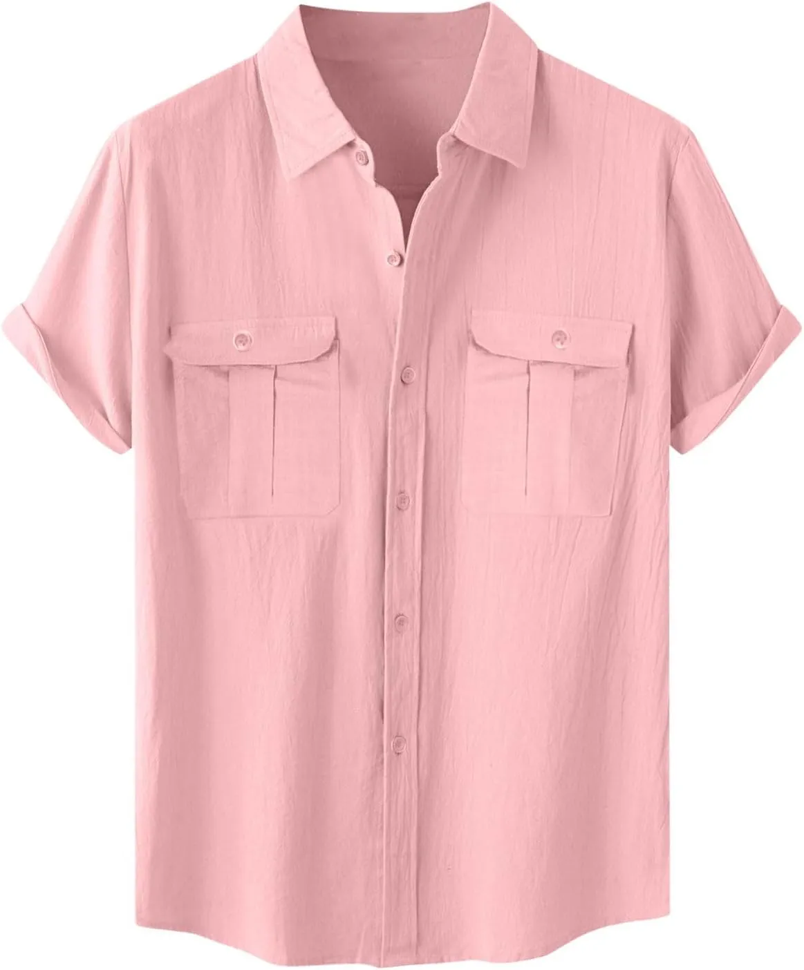 Mens Linen Button Down Shirt Short Sleeve Casual Stylish Beach Shirts Loose Solid Basic Collared Shirt with Pockets