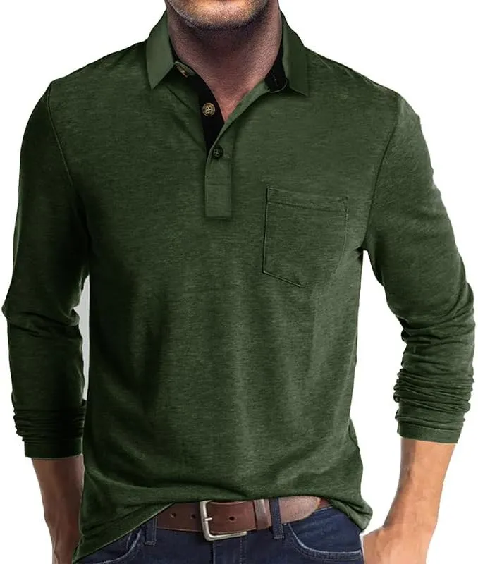 Mens Long Sleeve Polo Shirts Classic Button Down Golf Shirt Fashion Casual Moisture Wicking Shirts with Pocket
