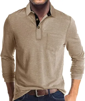 Mens Long Sleeve Polo Shirts Classic Button Down Golf Shirt Fashion Casual Moisture Wicking Shirts with Pocket