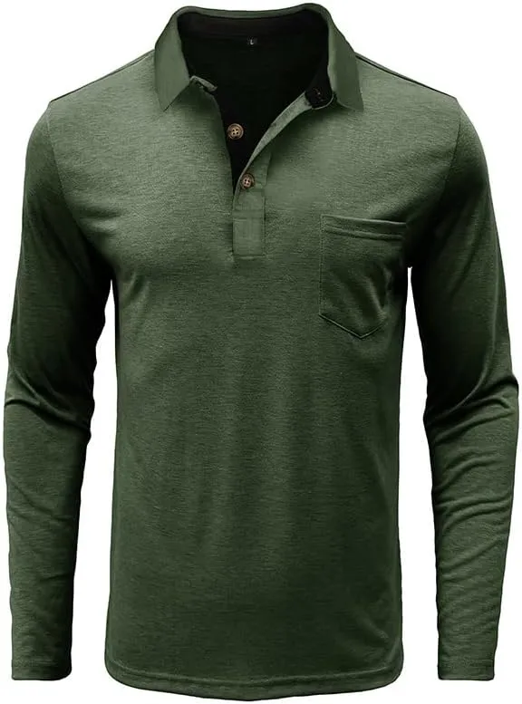 Mens Long Sleeve Polo Shirts Classic Button Down Golf Shirt Fashion Casual Moisture Wicking Shirts with Pocket