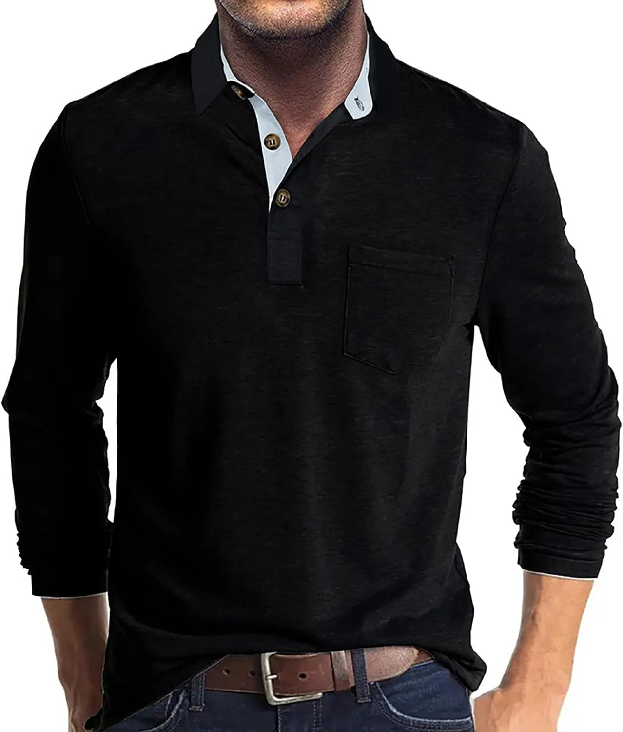Mens Long Sleeve Polo Shirts Classic Button Down Golf Shirt Fashion Casual Moisture Wicking Shirts with Pocket