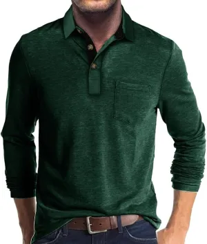 Mens Long Sleeve Polo Shirts Classic Button Down Golf Shirt Fashion Casual Moisture Wicking Shirts with Pocket