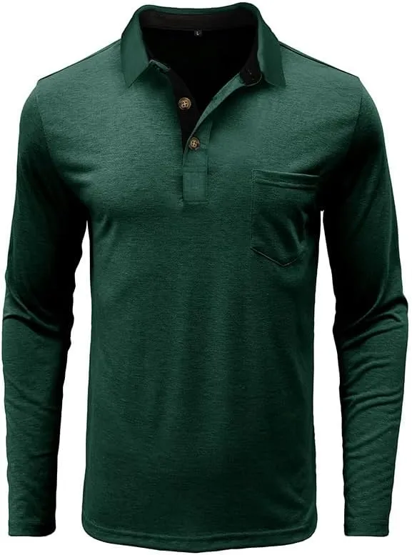 Mens Long Sleeve Polo Shirts Classic Button Down Golf Shirt Fashion Casual Moisture Wicking Shirts with Pocket
