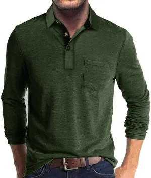 Mens Long Sleeve Polo Shirts Classic Button Down Golf Shirt Fashion Casual Moisture Wicking Shirts with Pocket