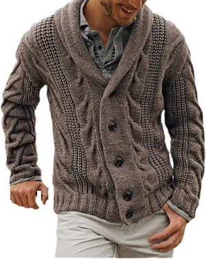 Men's Shawl Collar Cardigan Single Breasted Sweater Fashion Knit Plus Size Cable Knit Coat Winter Chunky Clothes