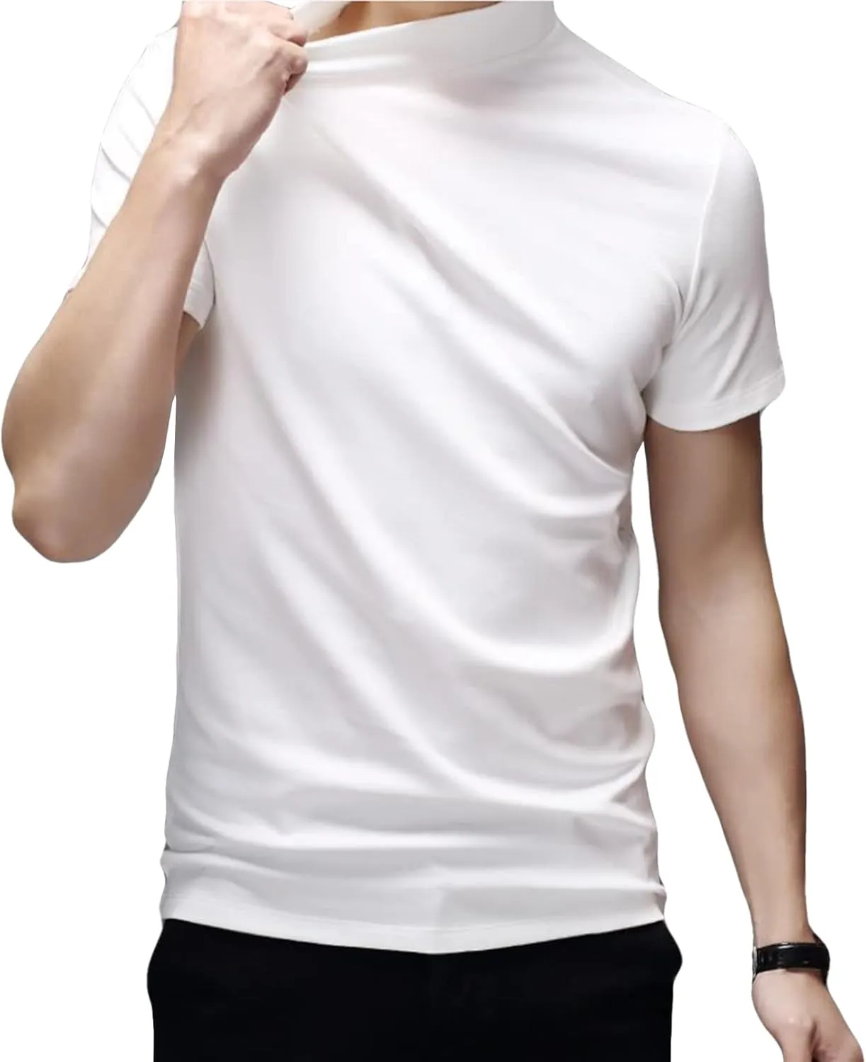 Mens T Shirt Short Sleeve Basic Mock Turtleneck Slim Fit Undershirt Pullover Thermal Solid Tops