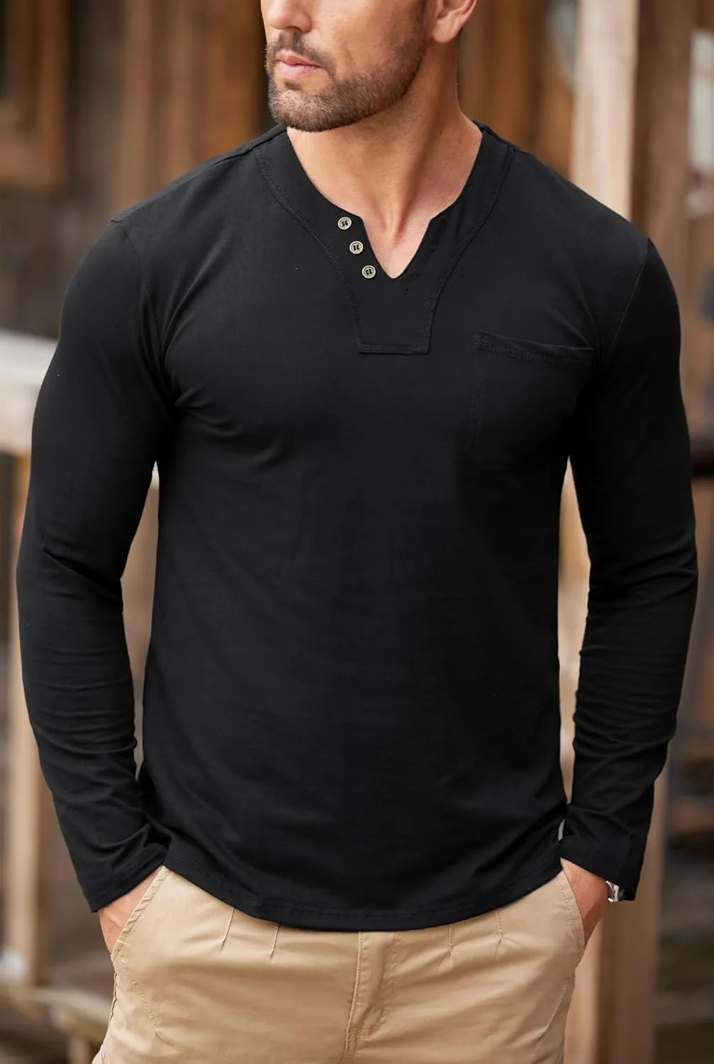 Mens V Neck Shirts Long Sleeve Casual Soft Cotton Slim Fit T-Shirt (S-XXL)