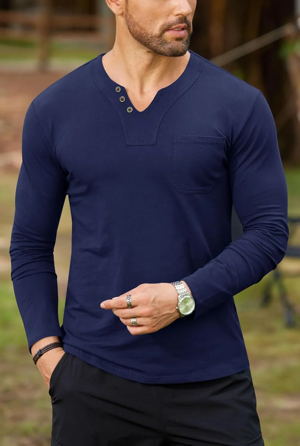 Mens V Neck Shirts Long Sleeve Casual Soft Cotton Slim Fit T-Shirt (S-XXL)