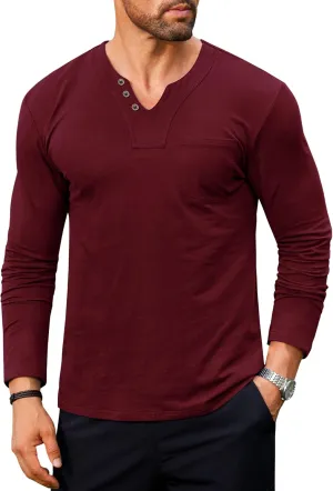 Mens V Neck Shirts Long Sleeve Casual Soft Cotton Slim Fit T-Shirt (S-XXL)