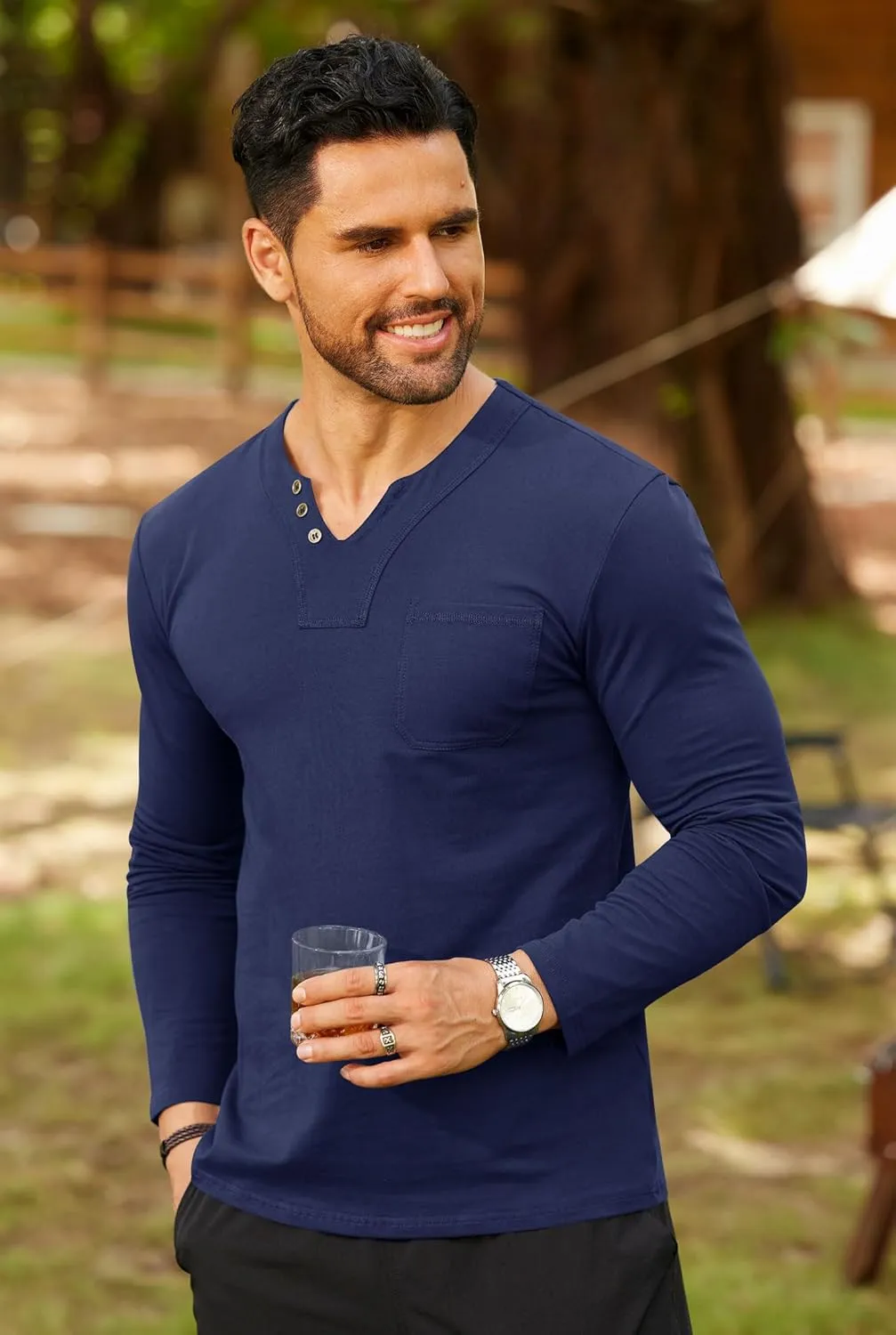 Mens V Neck Shirts Long Sleeve Casual Soft Cotton Slim Fit T-Shirt (S-XXL)