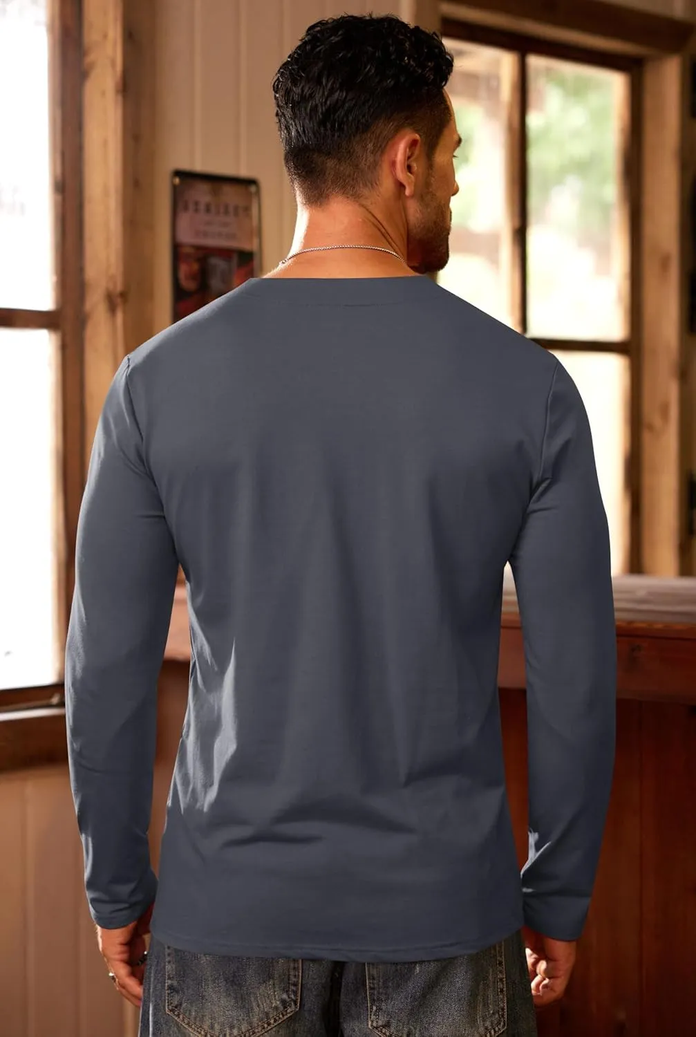 Mens V Neck Shirts Long Sleeve Casual Soft Cotton Slim Fit T-Shirt (S-XXL)