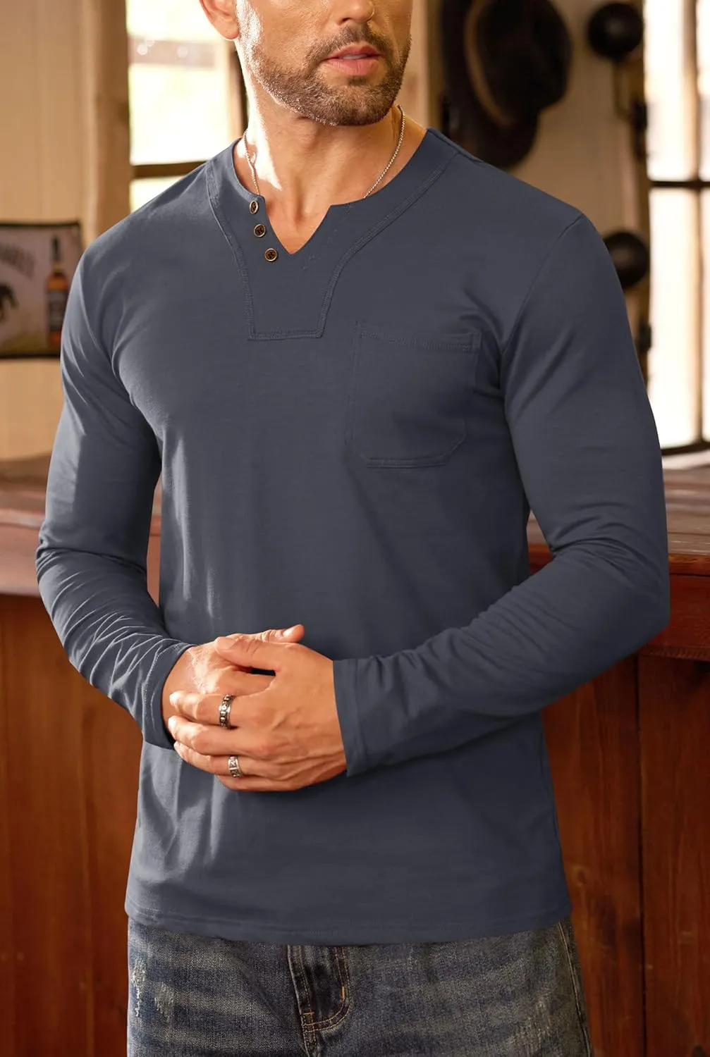 Mens V Neck Shirts Long Sleeve Casual Soft Cotton Slim Fit T-Shirt (S-XXL)