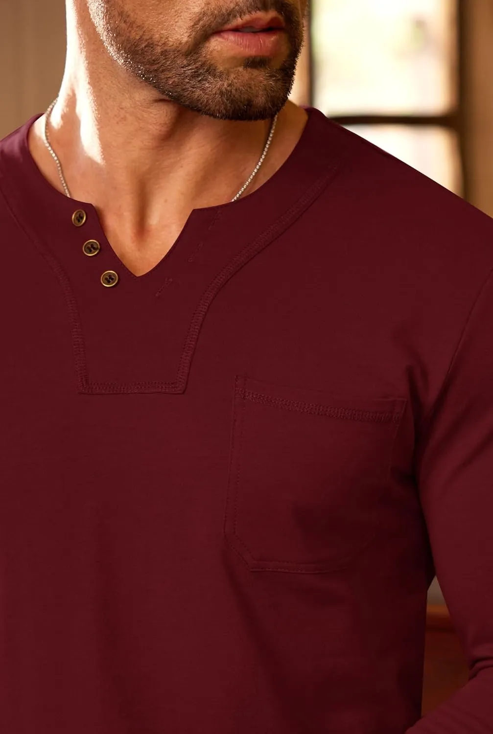 Mens V Neck Shirts Long Sleeve Casual Soft Cotton Slim Fit T-Shirt (S-XXL)