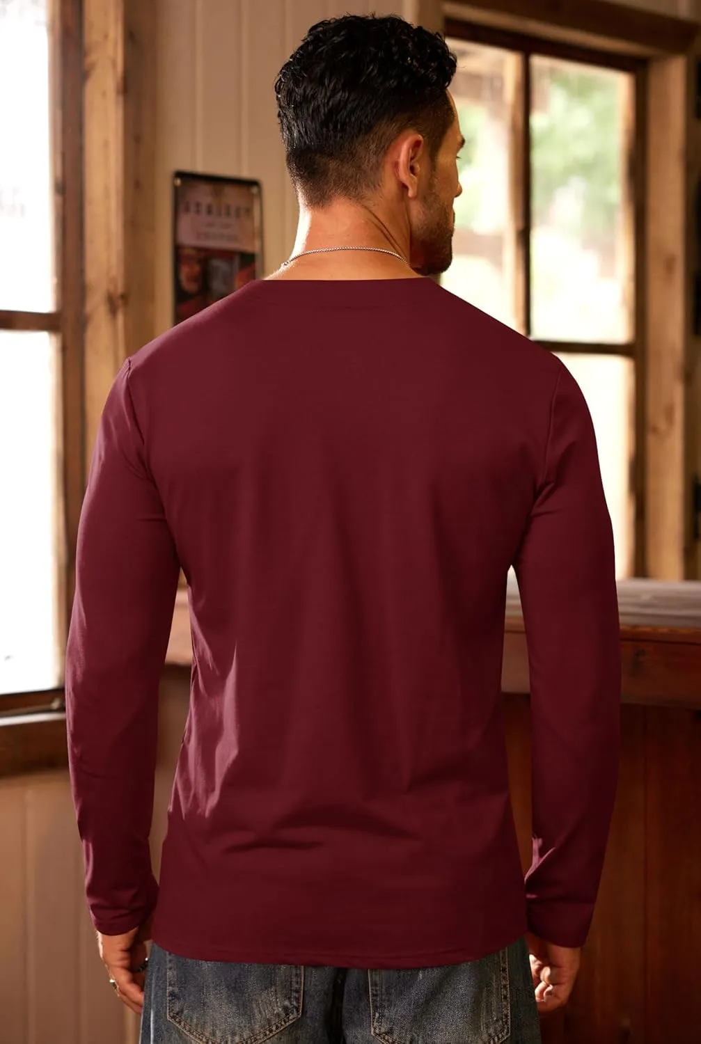 Mens V Neck Shirts Long Sleeve Casual Soft Cotton Slim Fit T-Shirt (S-XXL)