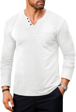 Mens V Neck Shirts Long Sleeve Casual Soft Cotton Slim Fit T-Shirt (S-XXL)