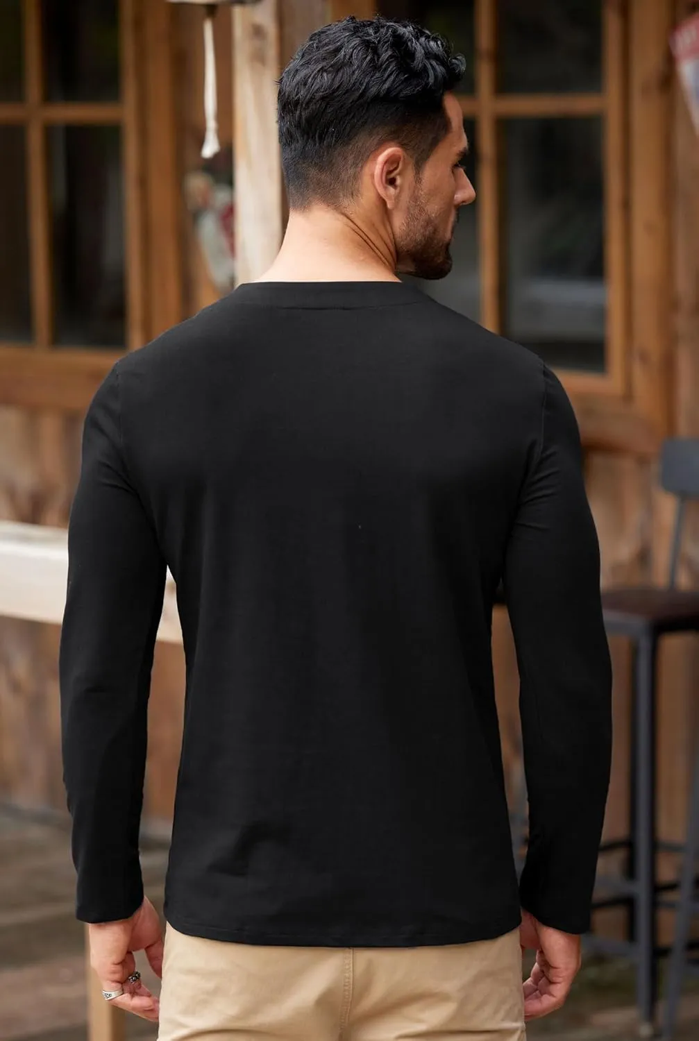 Mens V Neck Shirts Long Sleeve Casual Soft Cotton Slim Fit T-Shirt (S-XXL)
