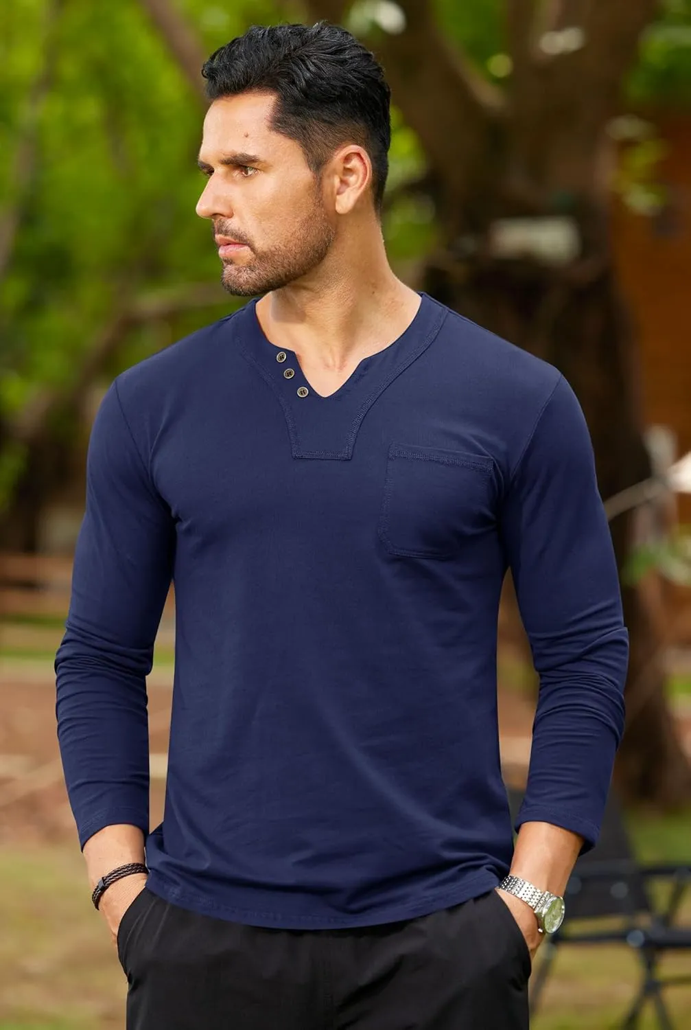 Mens V Neck Shirts Long Sleeve Casual Soft Cotton Slim Fit T-Shirt (S-XXL)