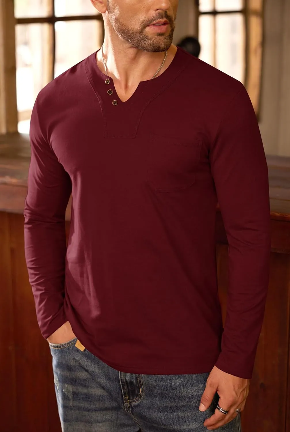Mens V Neck Shirts Long Sleeve Casual Soft Cotton Slim Fit T-Shirt (S-XXL)