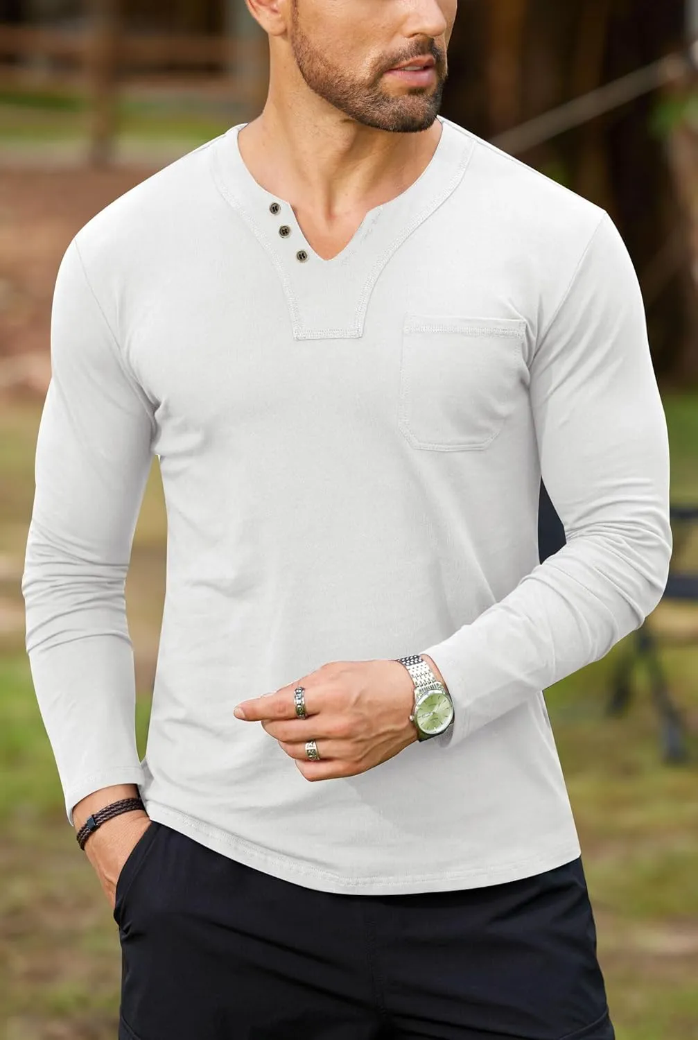 Mens V Neck Shirts Long Sleeve Casual Soft Cotton Slim Fit T-Shirt (S-XXL)