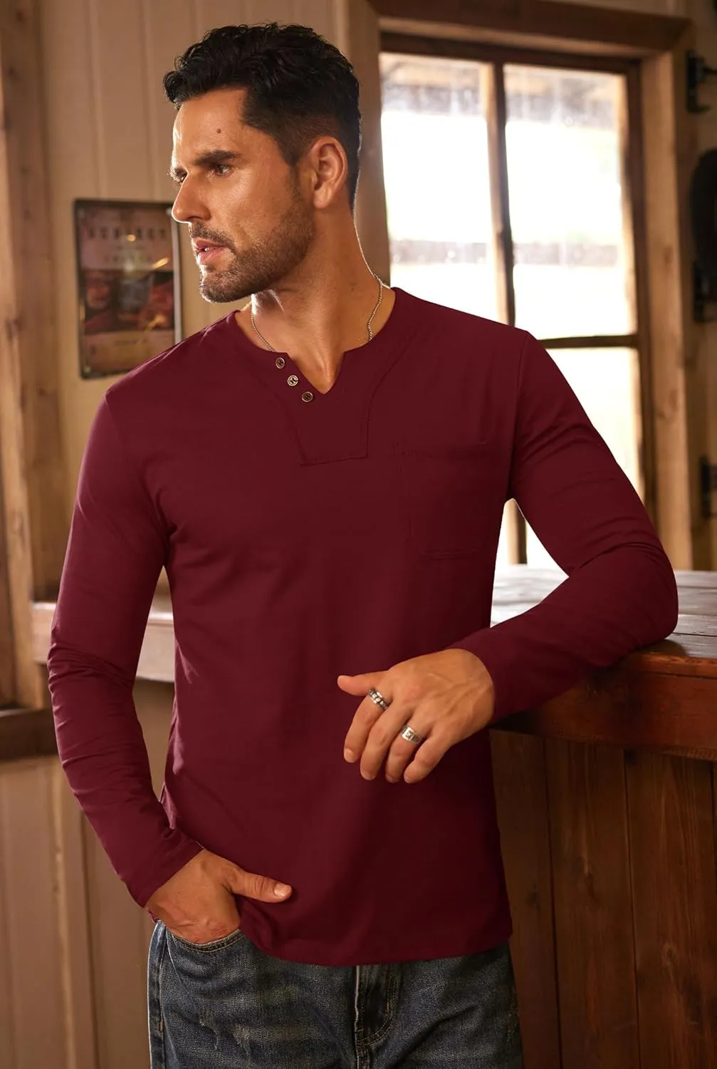Mens V Neck Shirts Long Sleeve Casual Soft Cotton Slim Fit T-Shirt (S-XXL)