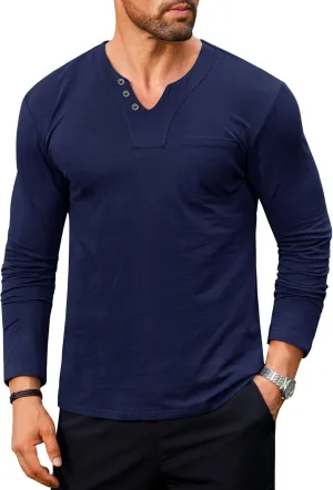 Mens V Neck Shirts Long Sleeve Casual Soft Cotton Slim Fit T-Shirt (S-XXL)
