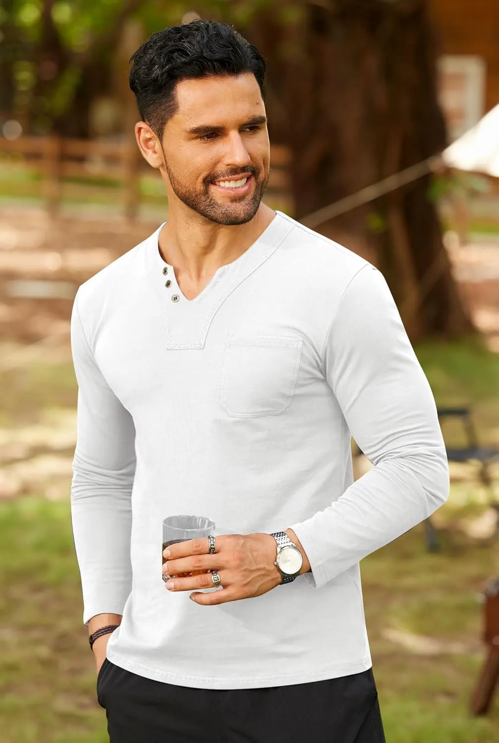 Mens V Neck Shirts Long Sleeve Casual Soft Cotton Slim Fit T-Shirt (S-XXL)