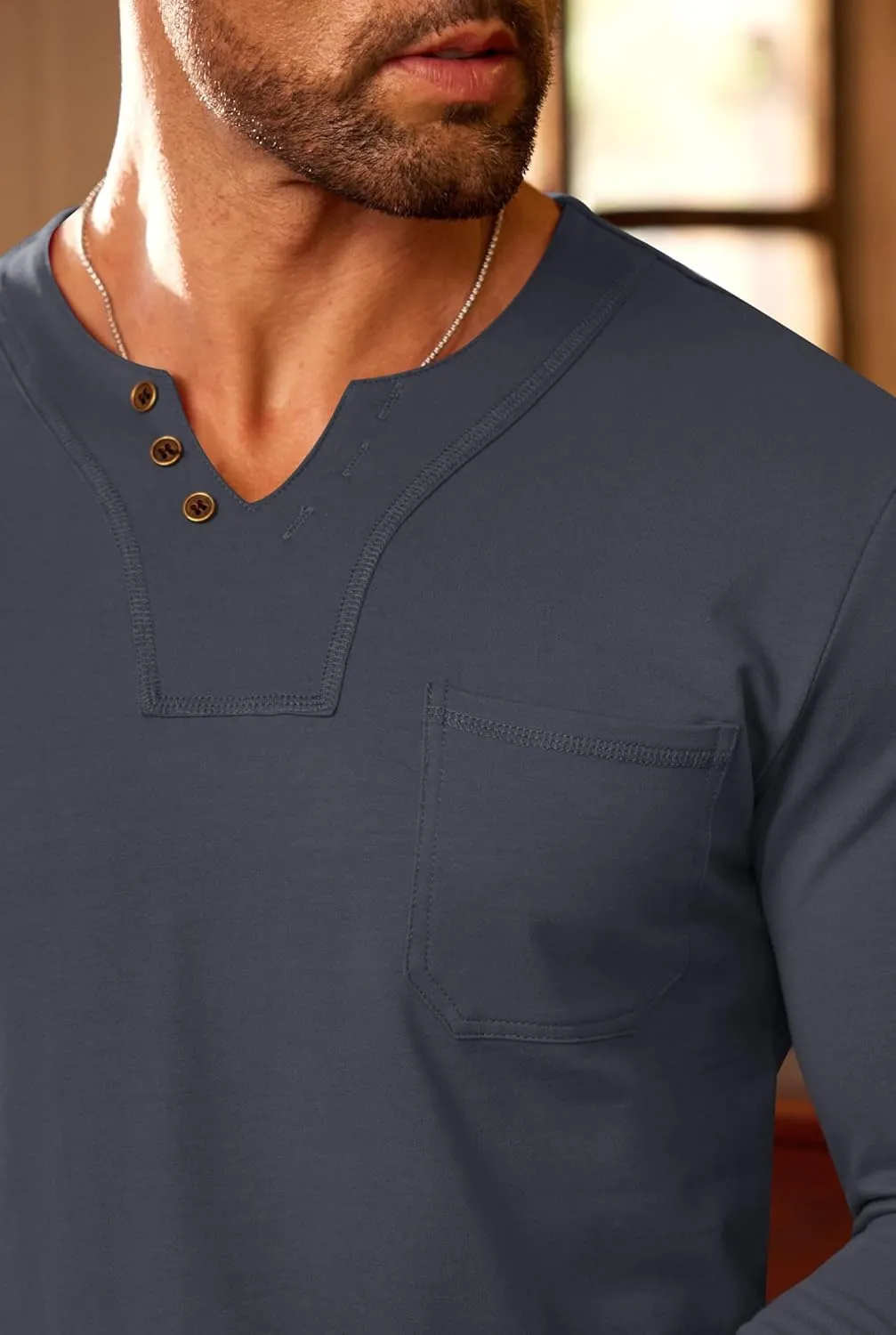Mens V Neck Shirts Long Sleeve Casual Soft Cotton Slim Fit T-Shirt (S-XXL)