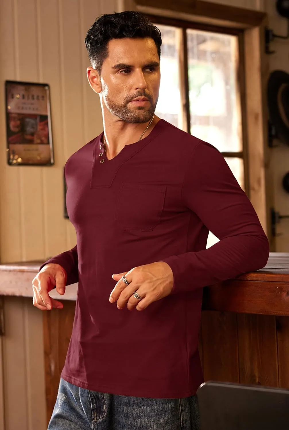 Mens V Neck Shirts Long Sleeve Casual Soft Cotton Slim Fit T-Shirt (S-XXL)