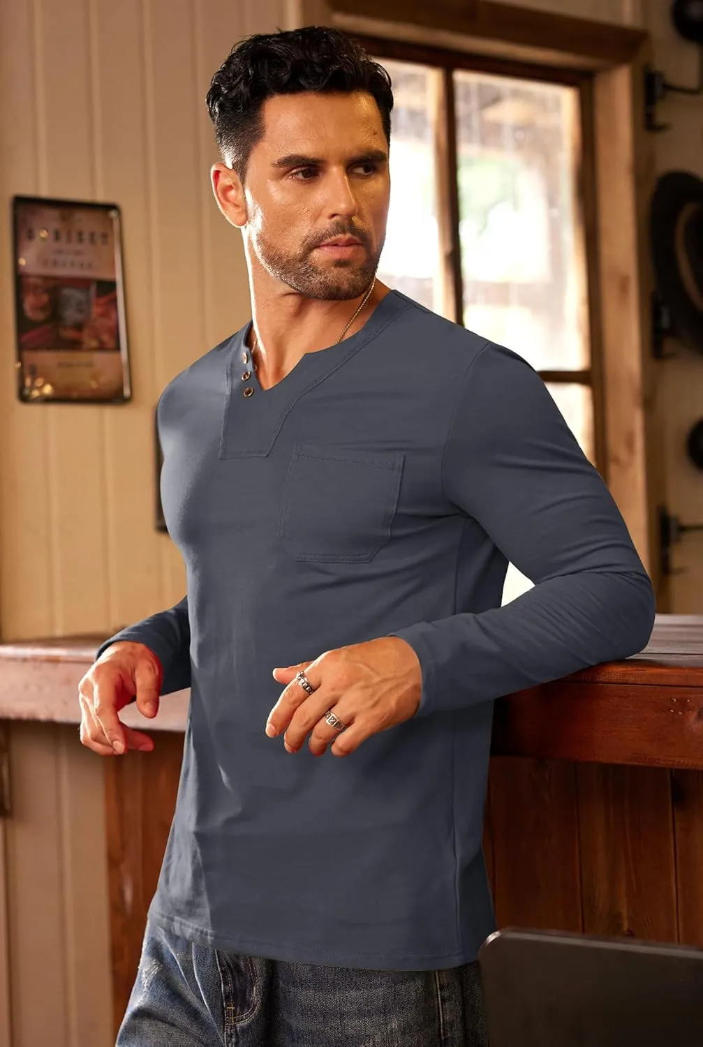 Mens V Neck Shirts Long Sleeve Casual Soft Cotton Slim Fit T-Shirt (S-XXL)