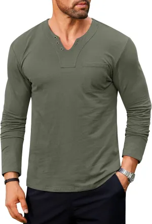 Mens V Neck Shirts Long Sleeve Casual Soft Cotton Slim Fit T-Shirt (S-XXL)