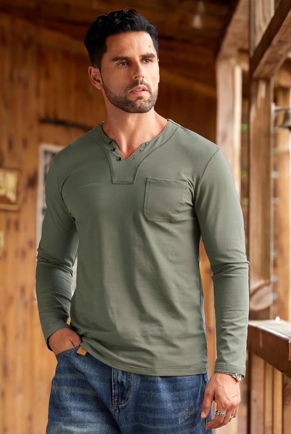 Mens V Neck Shirts Long Sleeve Casual Soft Cotton Slim Fit T-Shirt (S-XXL)