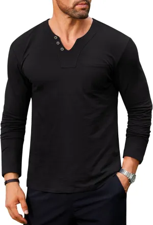 Mens V Neck Shirts Long Sleeve Casual Soft Cotton Slim Fit T-Shirt (S-XXL)