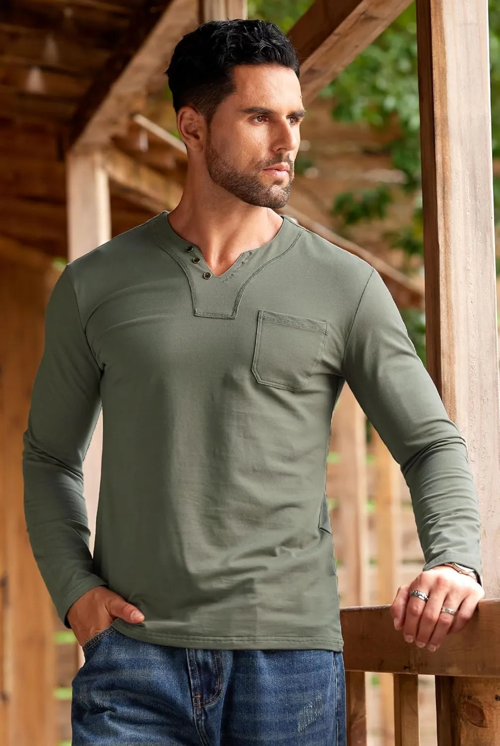 Mens V Neck Shirts Long Sleeve Casual Soft Cotton Slim Fit T-Shirt (S-XXL)