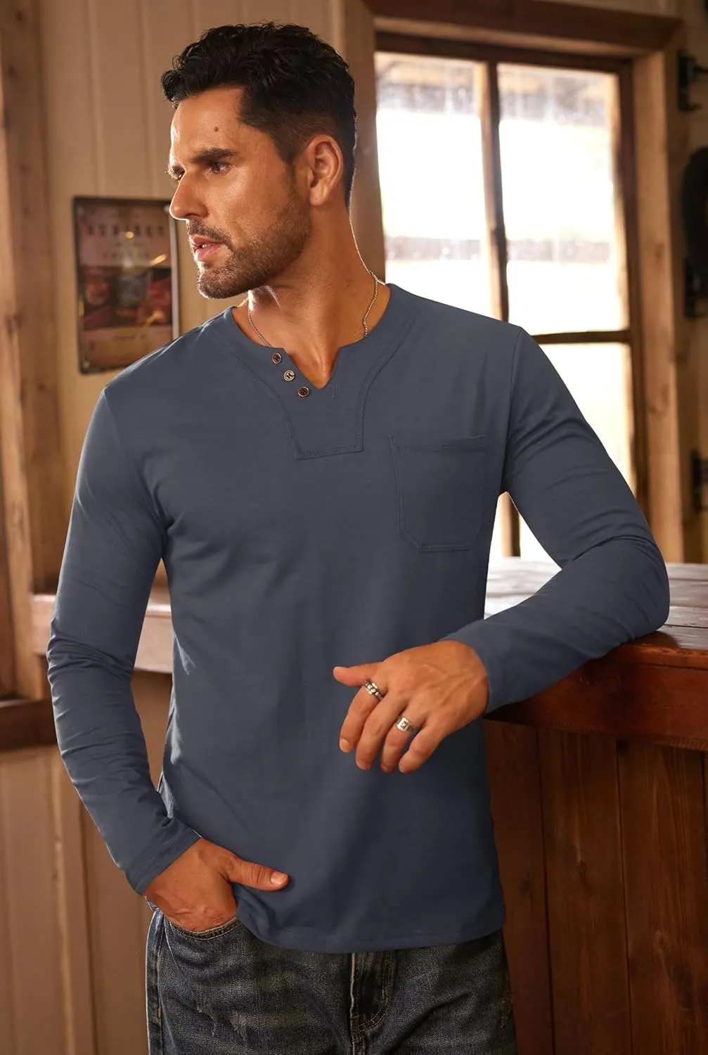 Mens V Neck Shirts Long Sleeve Casual Soft Cotton Slim Fit T-Shirt (S-XXL)
